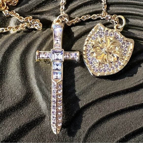 Jewelry - Sparkling Gold Toned Cross Sword Necklace with Shield DND Paladin
